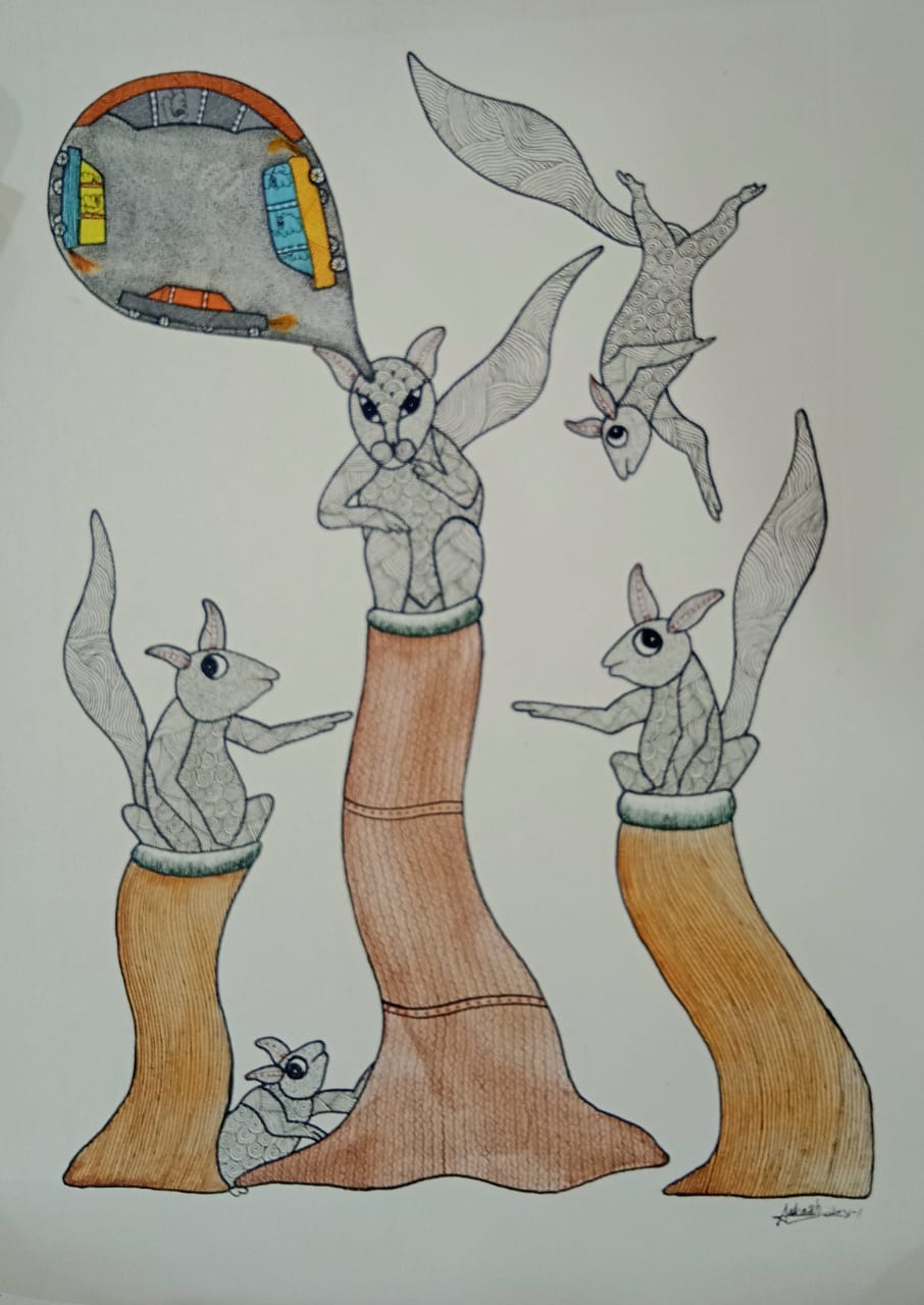 Gond Art Painting of Squirrels on Tree with Storytelling Motif Paintings