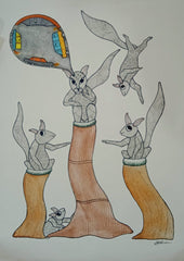 Gond Art Painting of Squirrels on Tree with Storytelling Motif Paintings