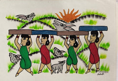 Tribal Women Carrying Wood with Nature Elements - Gond Painting Paintings