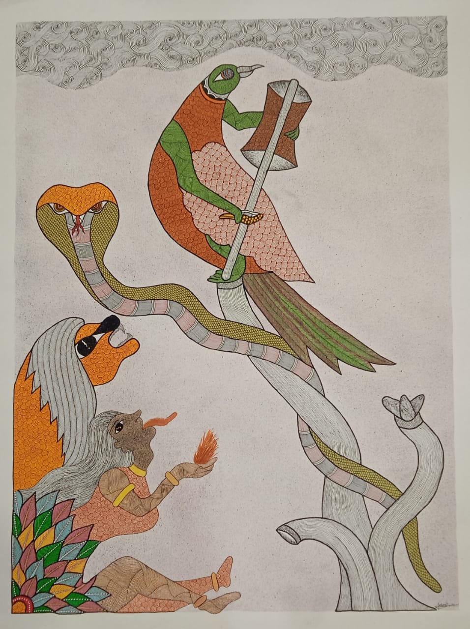 The Forest Messenger and Sacred Cobra - Gond Painting Paintings