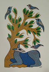 Resting Deer under Sacred Tree - Gond Painting Paintings