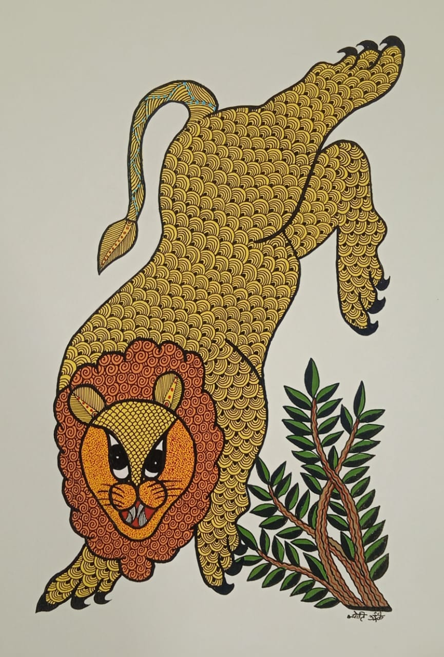 The Leaping Lion Gond Art Painting Paintings