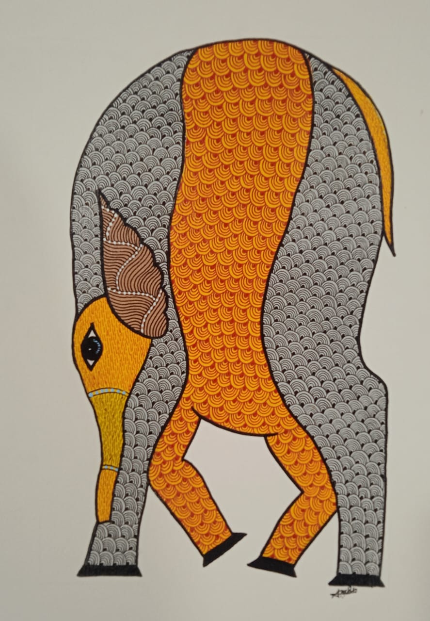 The Playful Elephant Calf - Gond Painting Paintings