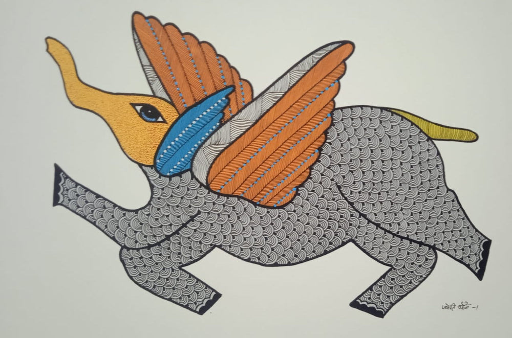The Mythical Winged Elephant - Gond Painting Paintings