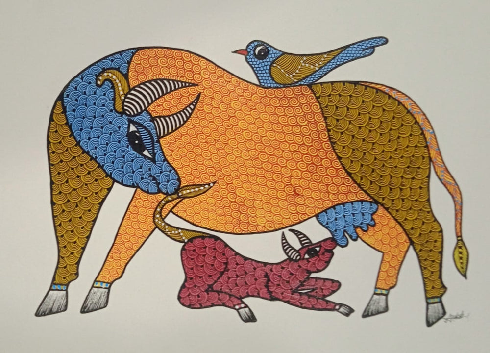 Cow and Calf The Bond of Motherhood - Gond Painting Paintings