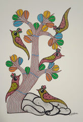 The Vibrant Bird Colony on Sacred Earth - Gond Painting Paintings