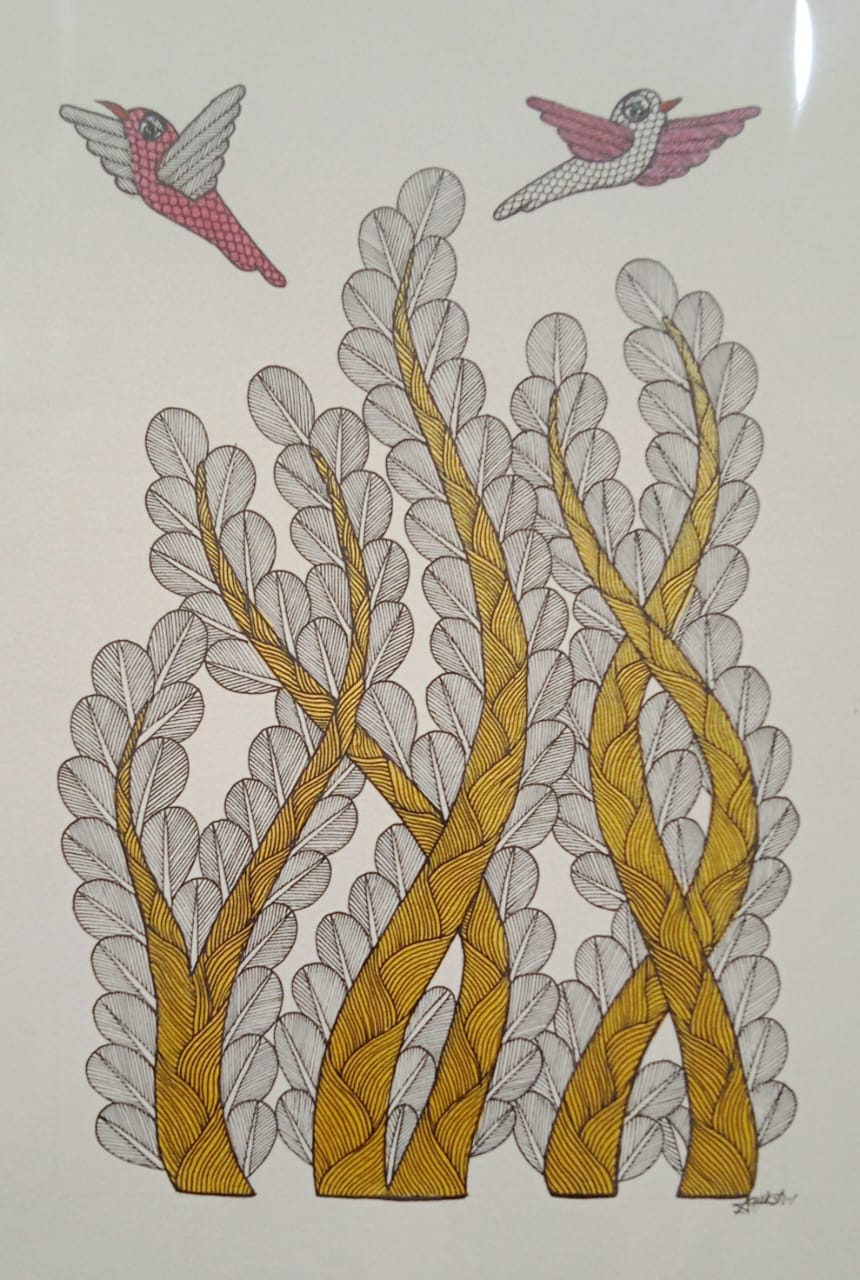 Flying Birds & Golden Stalks Gond Painting Paintings