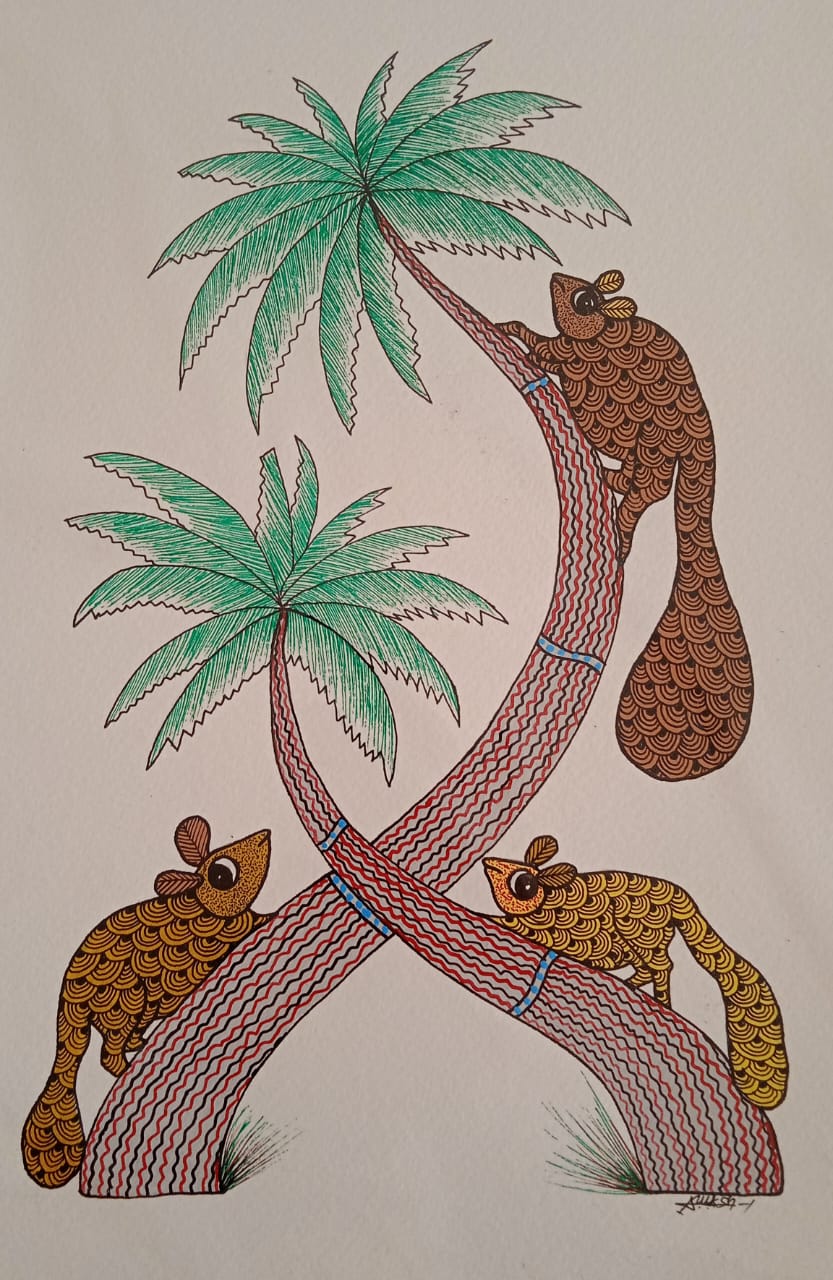 Squirrels & Palm Trees Painting - Gond Painting Paintings