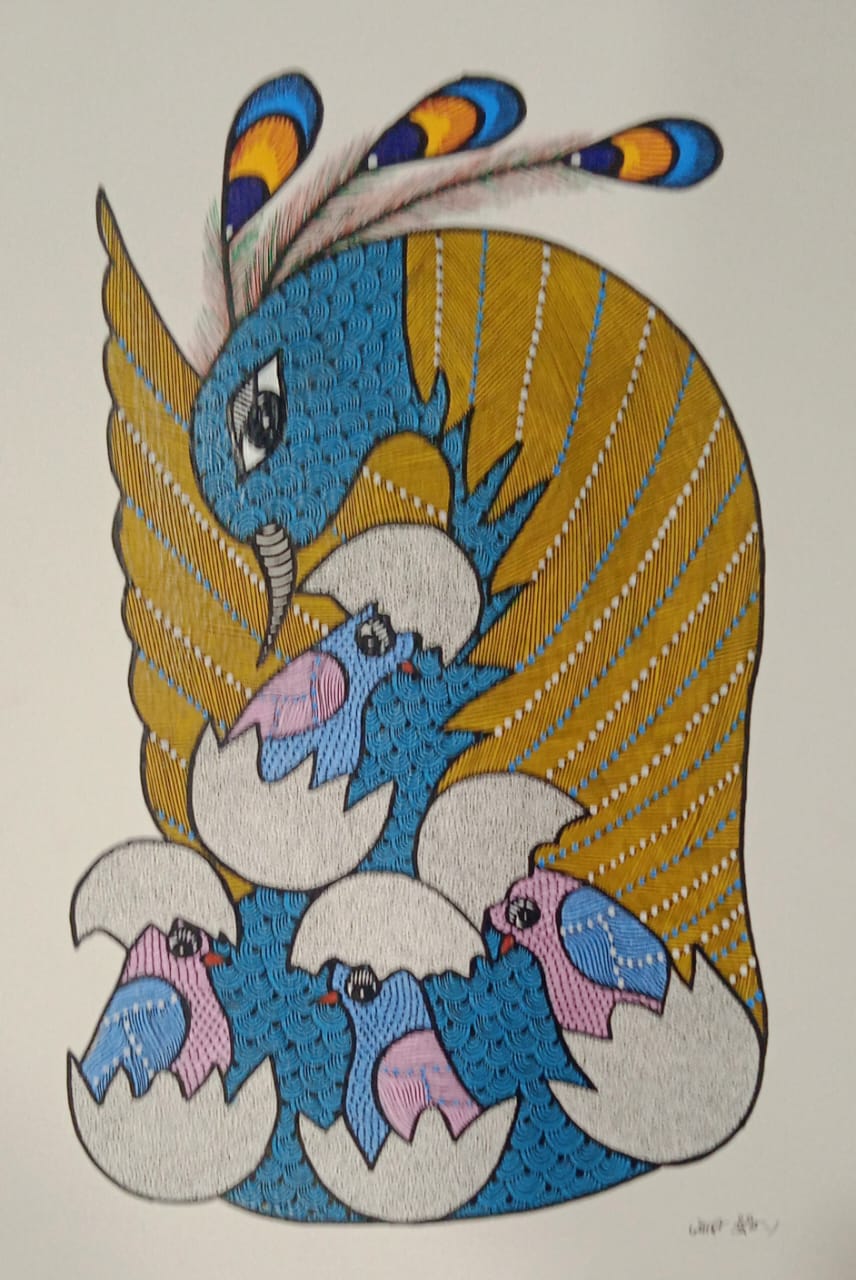 Peacock & Chicks Painting - Gond Painting Paintings