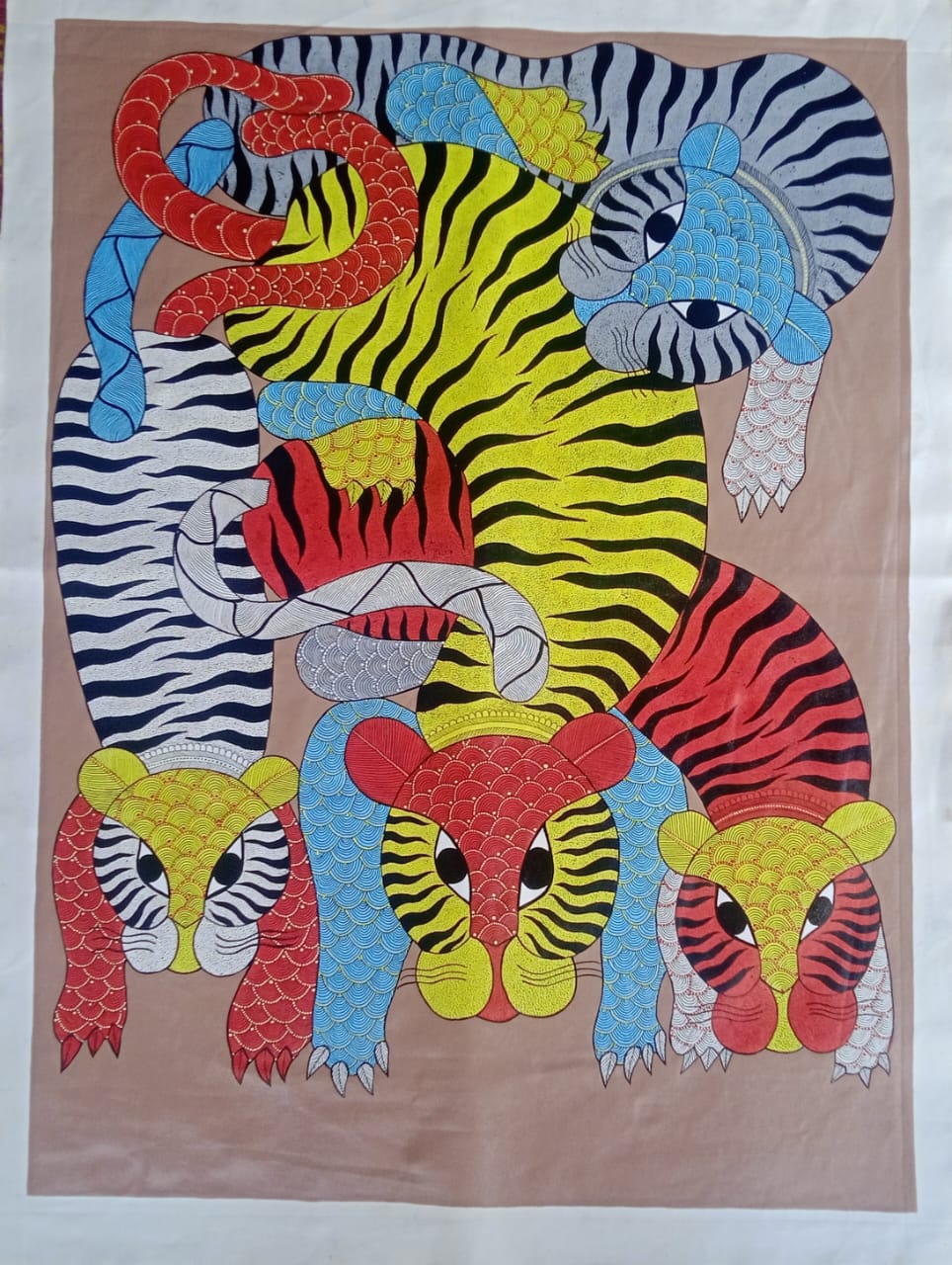 Guardian Tigers of the Forest – Authentic Gond Painting Paintings