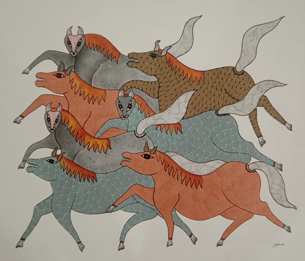 Untamed Motion – Running Horses Gond Painting Paintings