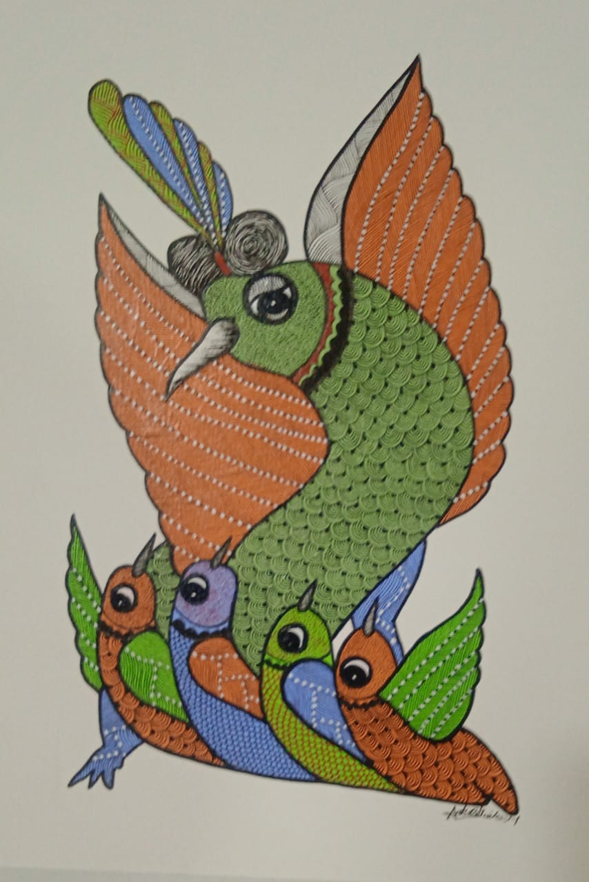Wings of Care – Mother Bird with Nestlings Gond Painting Paintings