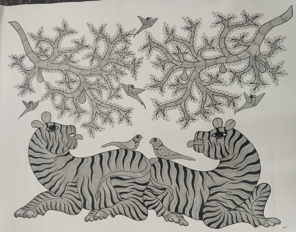 Striped Guardians – Monochrome Gond Art Paintings