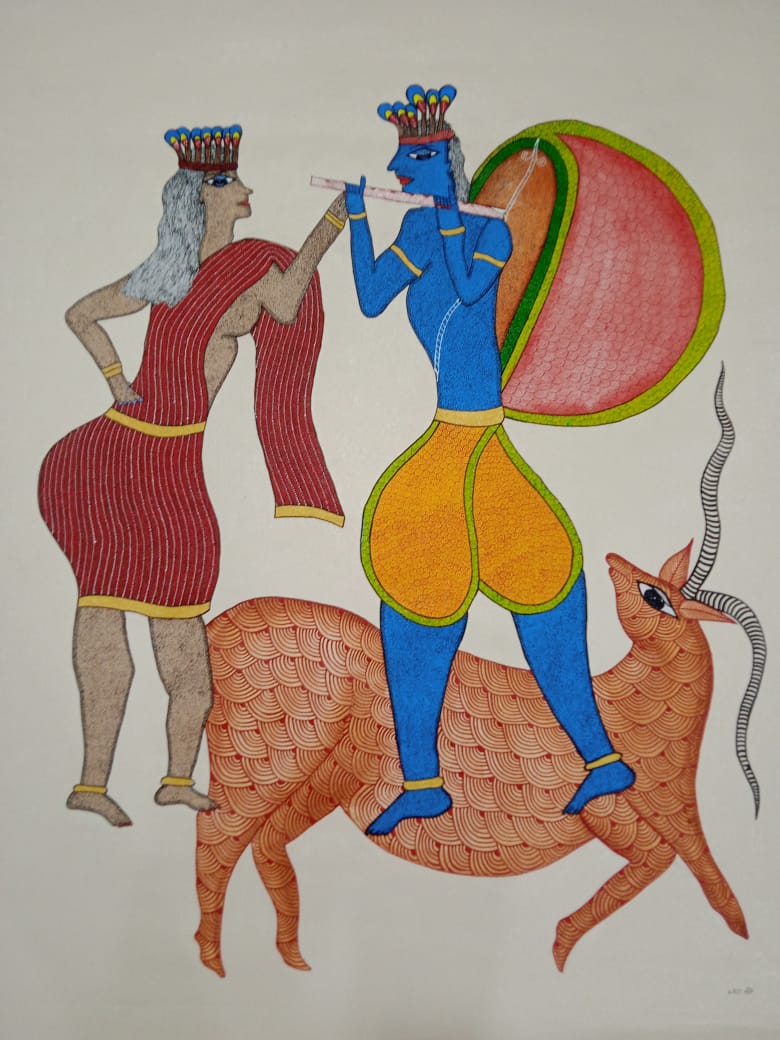 Flute Bearer & Forest Muse – Tribal Gond Narrative Art Paintings