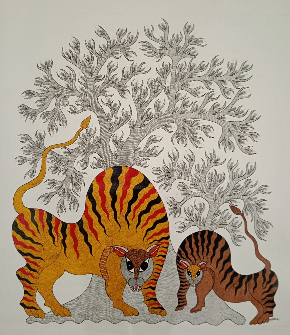 Solar Spirit – Crimson Tiger Gond Art Paintings