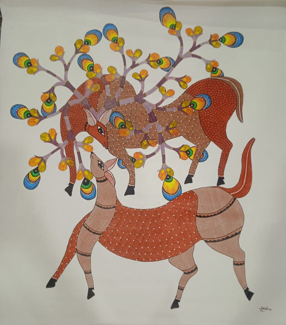 Blossom Antlers – Twin Deer & Stag Gond Painting Paintings