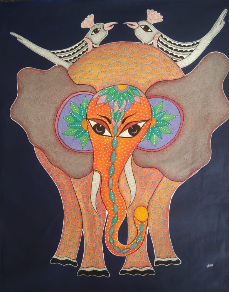 Royal Elephant & Guardian Birds – Gond Painting Paintings