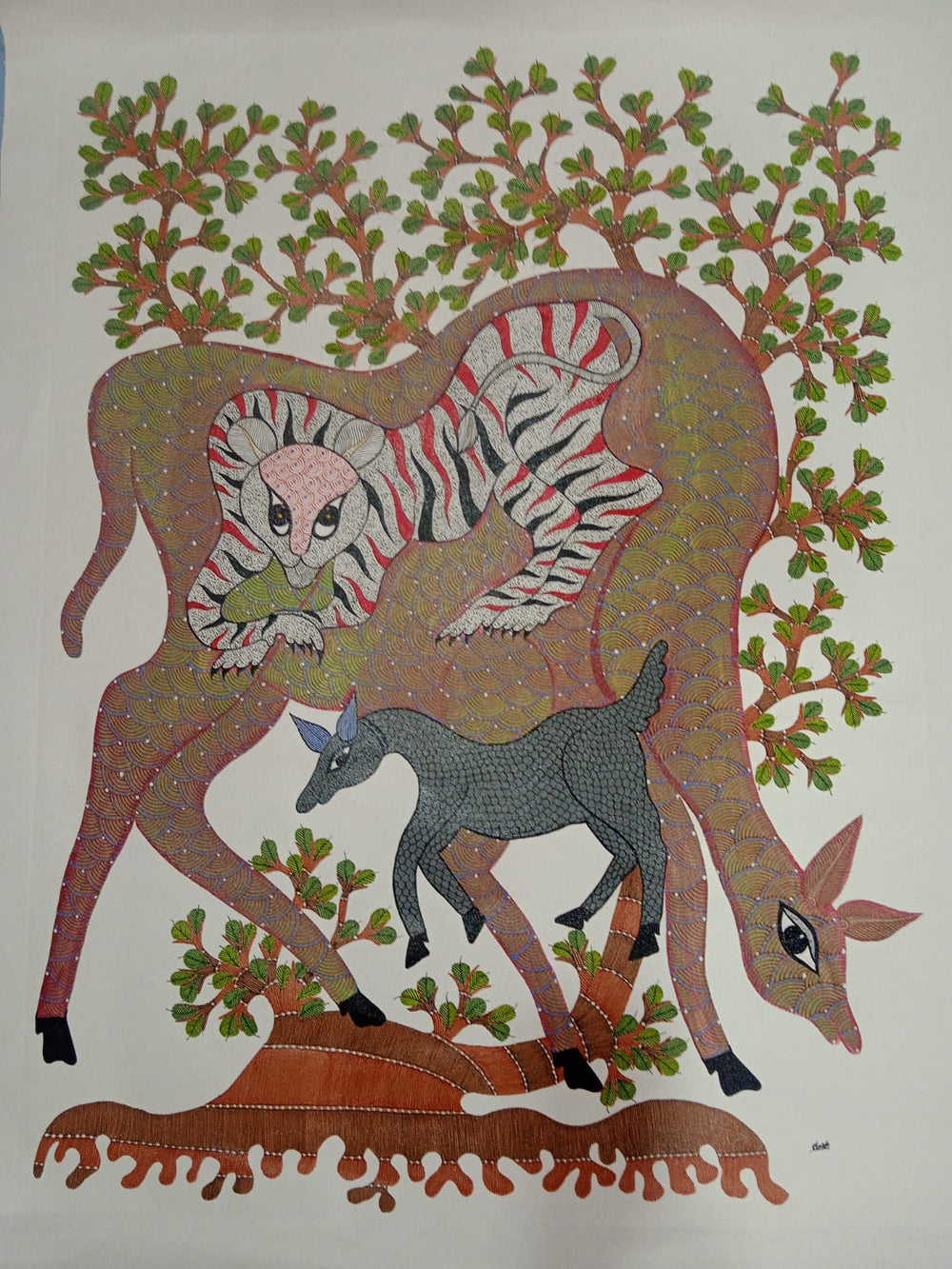 Wild Harmony – Tiger, Deer & Calf Gond Painting Paintings