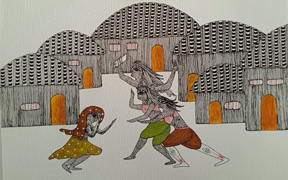 Village Ritual Dance – Hand-Painted Gond Painting Paintings
