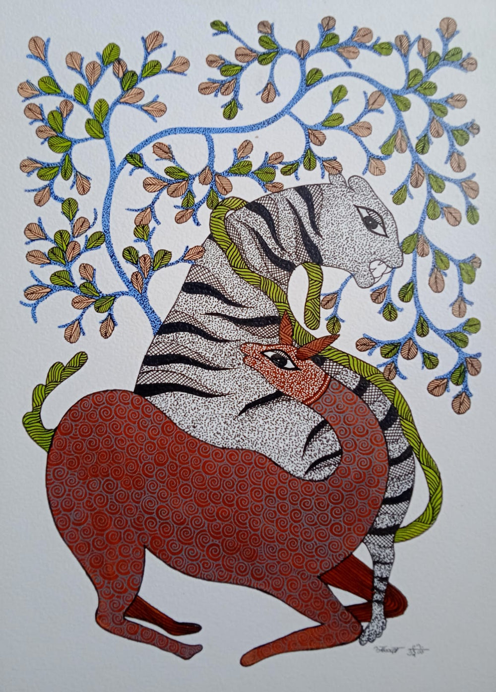 Tiger & Deer Nature’s Cycle – Gond Tribal Art Painting Paintings