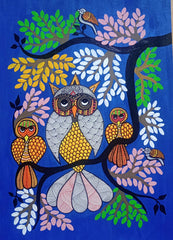 Owl Family on Enchanted Forest – Hand-Painted Gond Painting Paintings