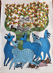 The Forest Keeper & The Blue Herd - Gond Painting Paintings