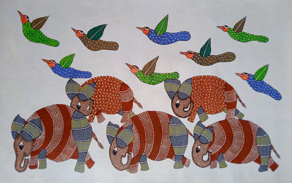 The Great Migration Elephant & Bird Gond Painting Paintings
