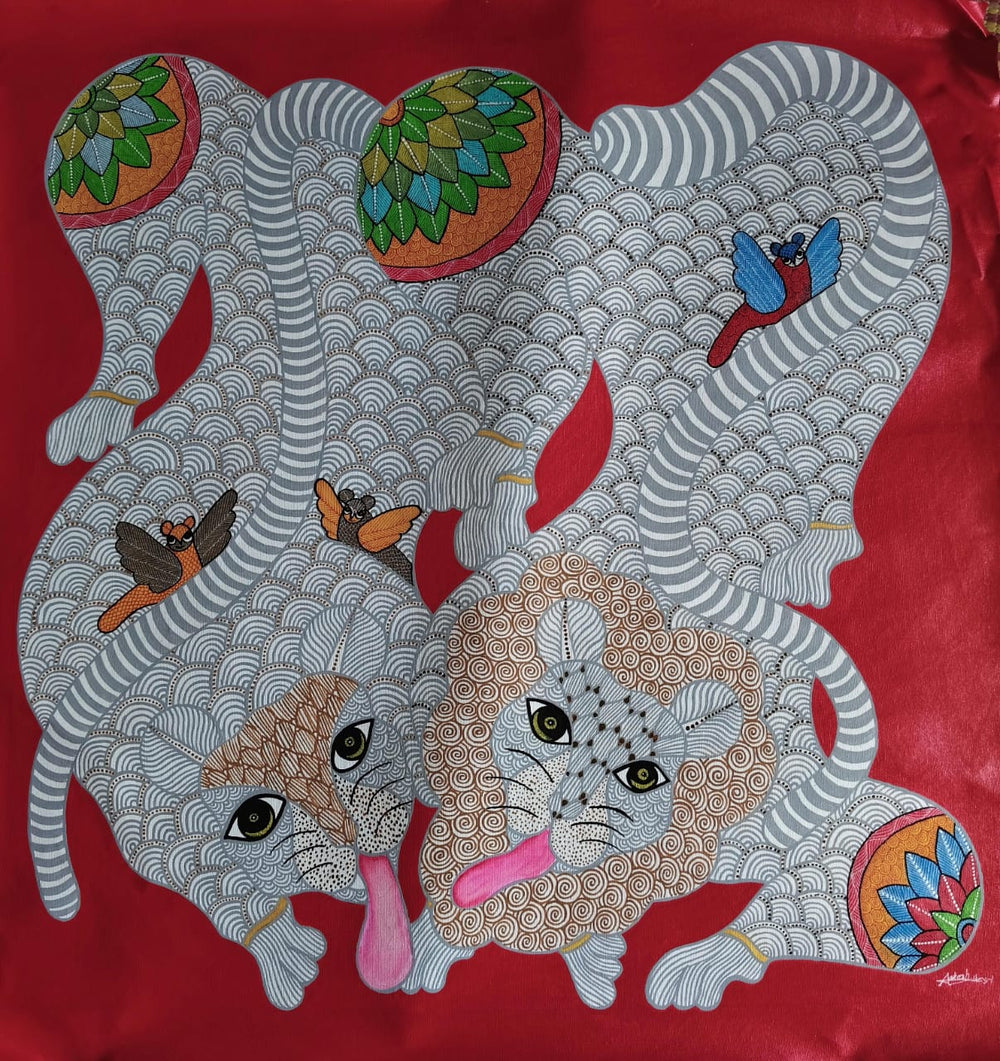 Sacred Twin Lions in Harmony – Handcrafted Gond Painting Paintings