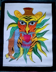 Mystic Tiger with Sacred Kalash – Handcrafted Gond Painting Paintings