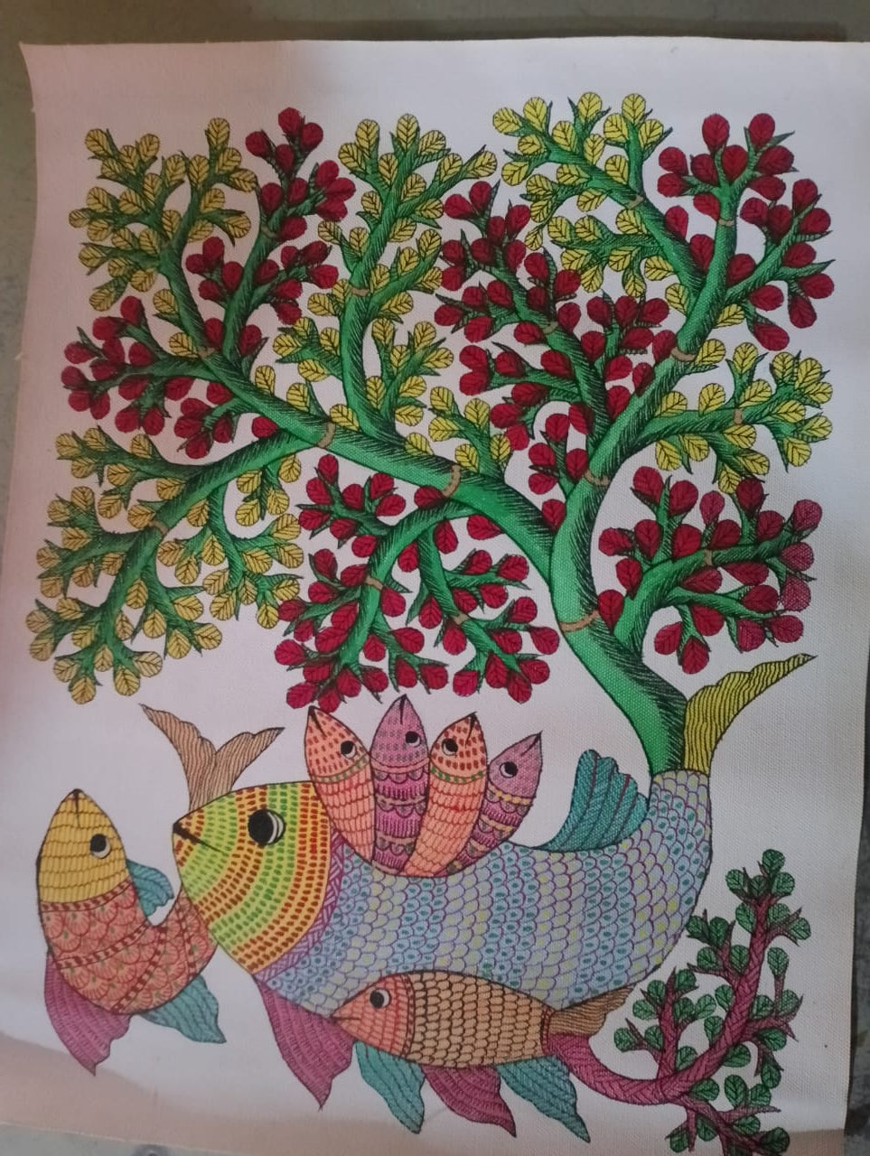 Tree of Life with Sacred Fish Harmony – Gond Painting Paintings
