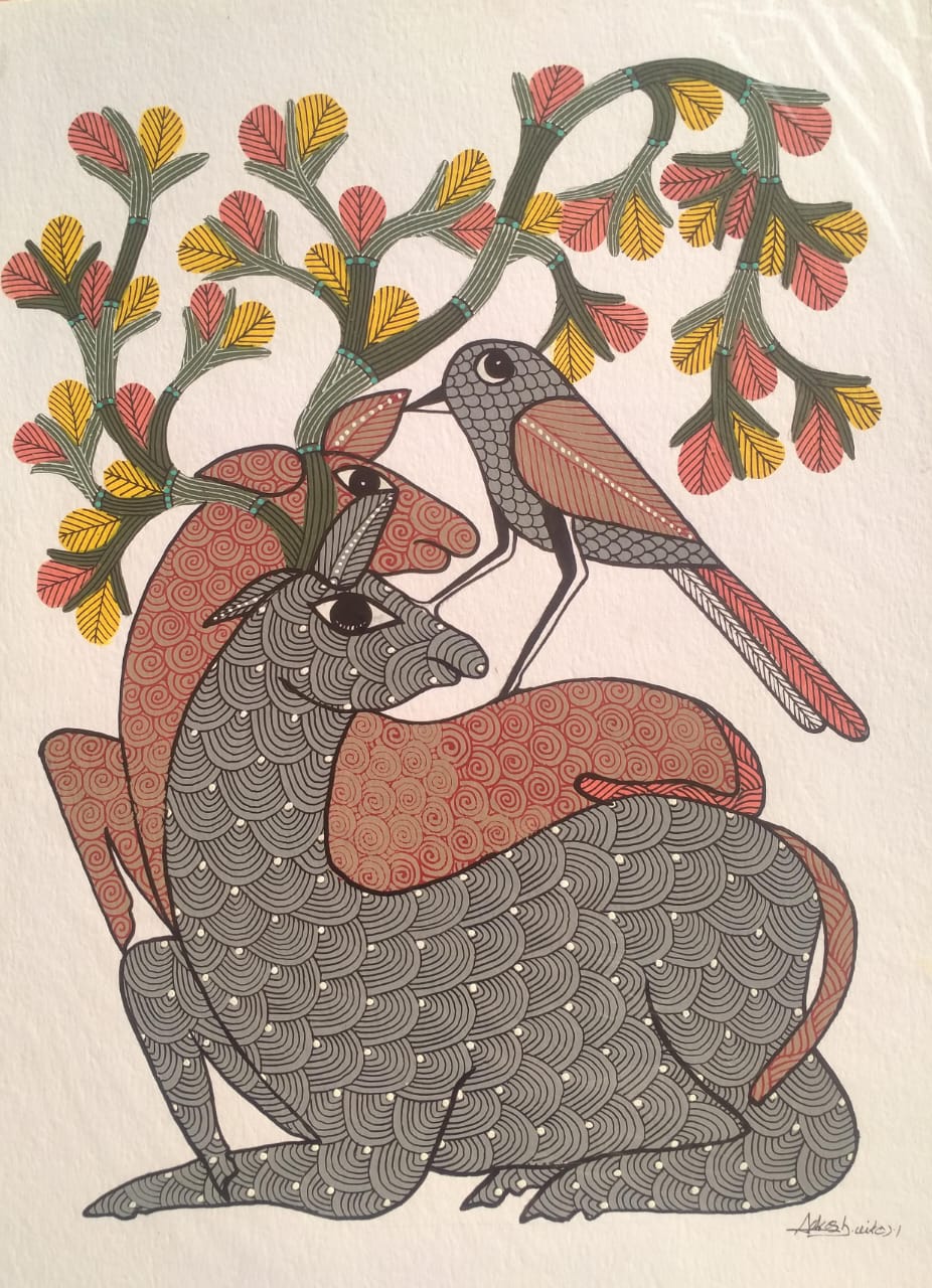 Hand-Painted Deer & Bird Forest Sanctuary – Authentic Gond Painting Paintings