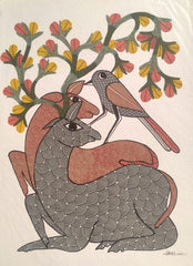Hand-Painted Deer & Bird Forest Sanctuary – Authentic Gond Painting Paintings
