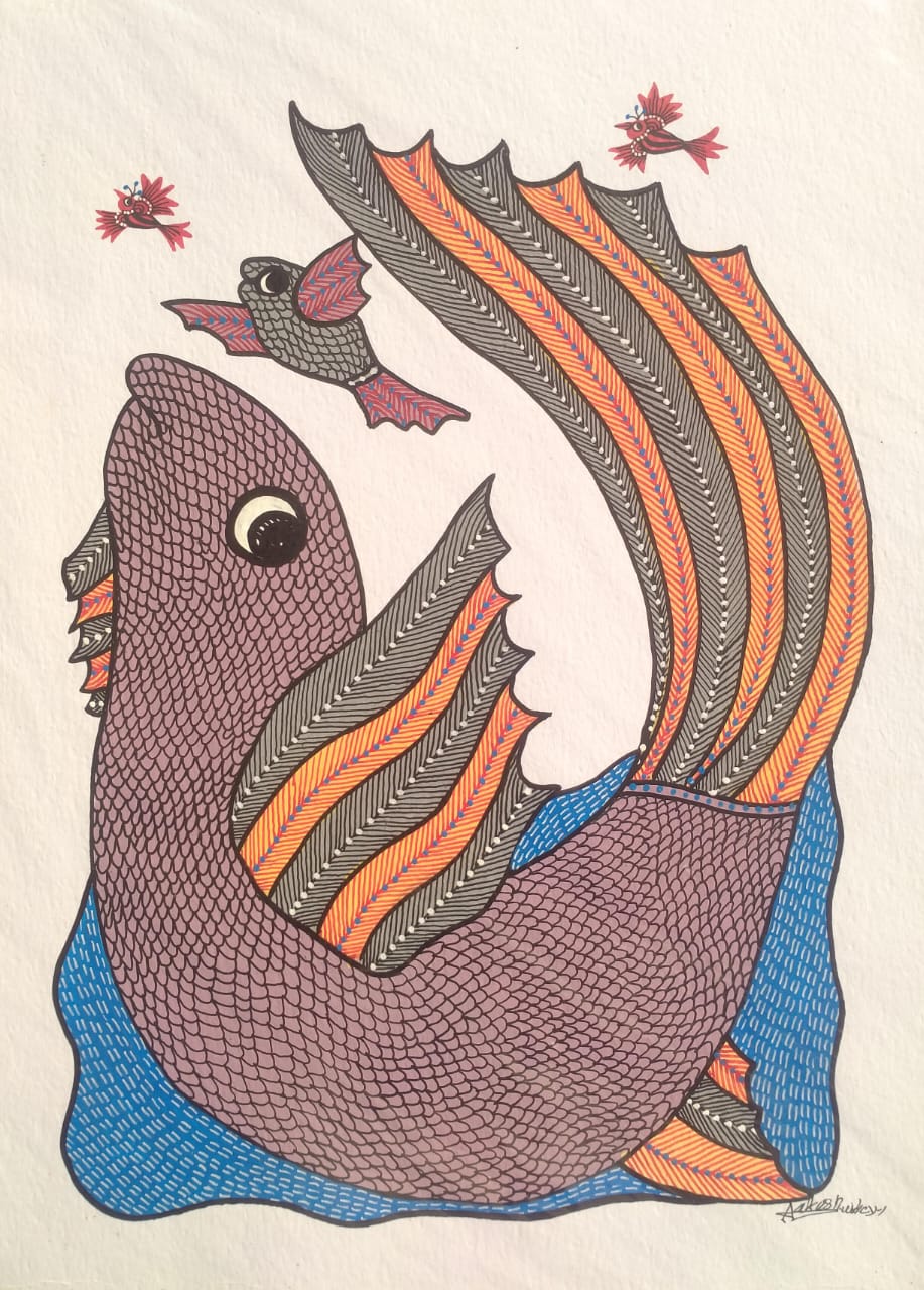 Hand-Painted Leaping Fish & Aquatic Life – Gond Painting Paintings