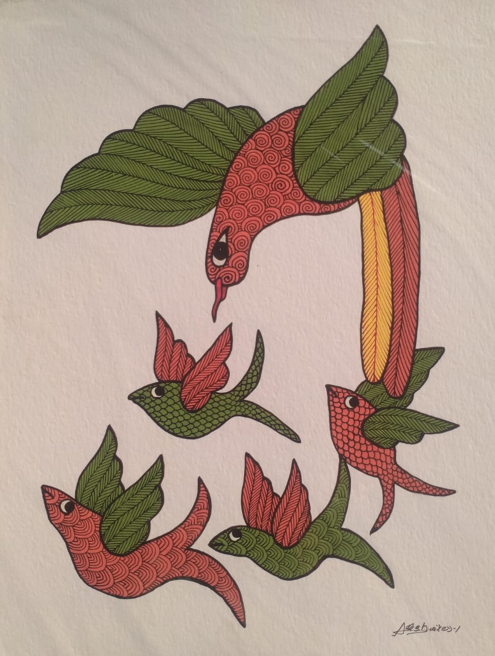 Hand-Painted Birds in Flight – Nature Inspired Gond Painting Paintings