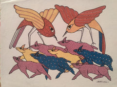 Nature's Harmony Birds and Running Deer - Gond Painting Paintings