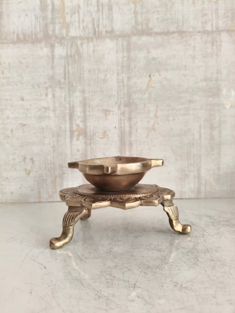 Handcrafted Lotus Pedestal Brass Diya | Traditional Tabletop Oil Lamp with Ornamental Legs Brass Artwork