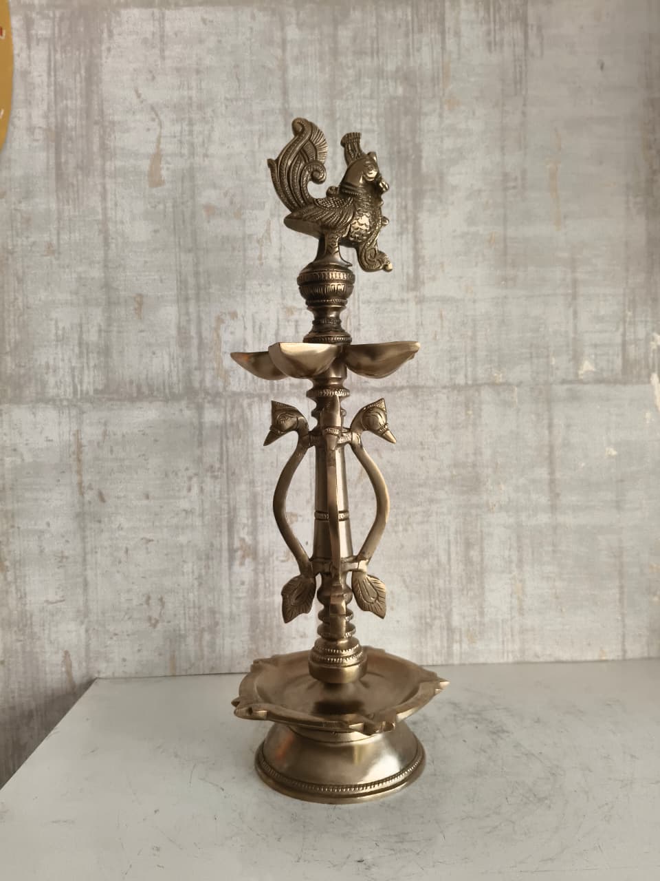 Brass Annapakshi Peacock Pedestal Diya – 5 Wick Lamp Brass Artwork