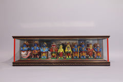Kondapalli Dashavathara Set displayed in a glass case, showcasing intricate wooden toys.