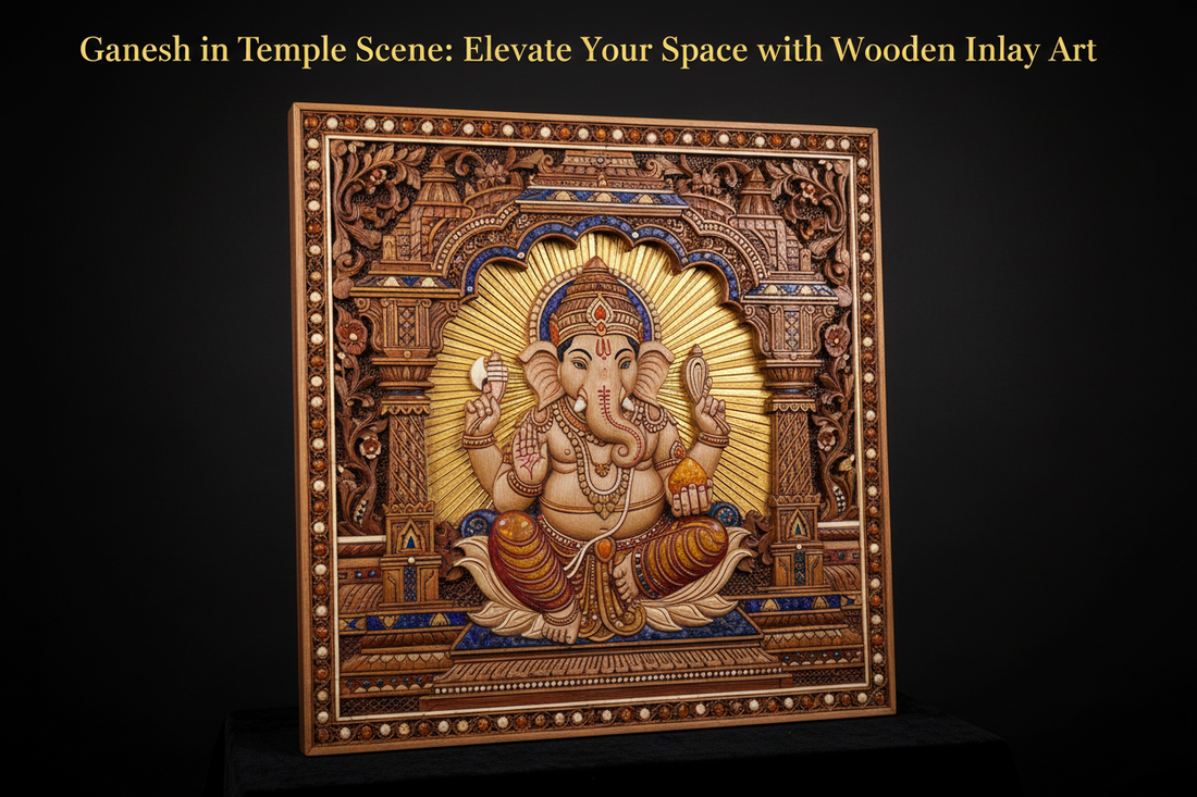 Ganesh in Temple Scene: Elevate Your Space with Wooden Inlay Art