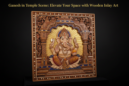 Ganesh in Temple Scene: Elevate Your Space with Wooden Inlay Art