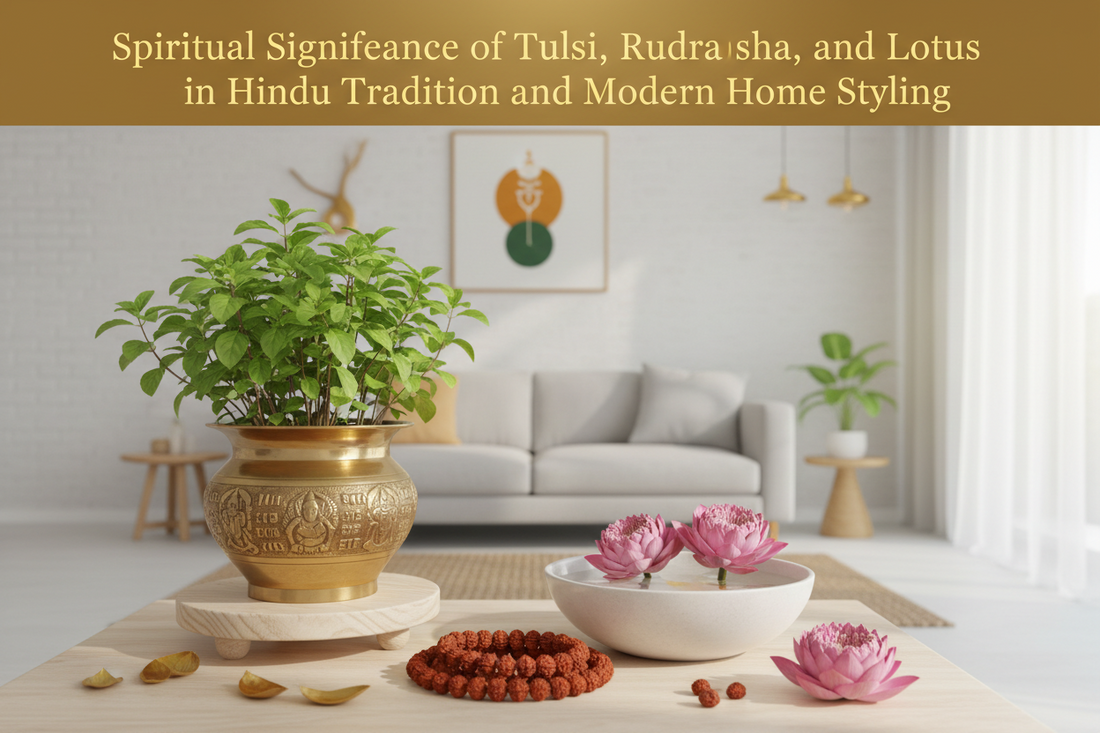 Spiritual Significance of Tulsi, Rudraksha, and Lotus in Hindu Tradition and Modern Home Styling