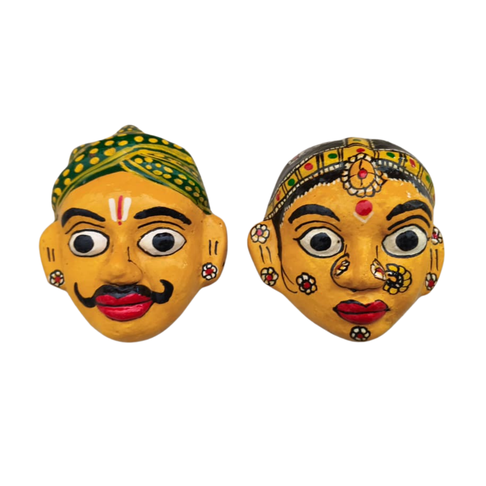 Traditional Cheriyal Art Couple Masks – Rustic Indian Folk Wall Hanging Set   wall decor