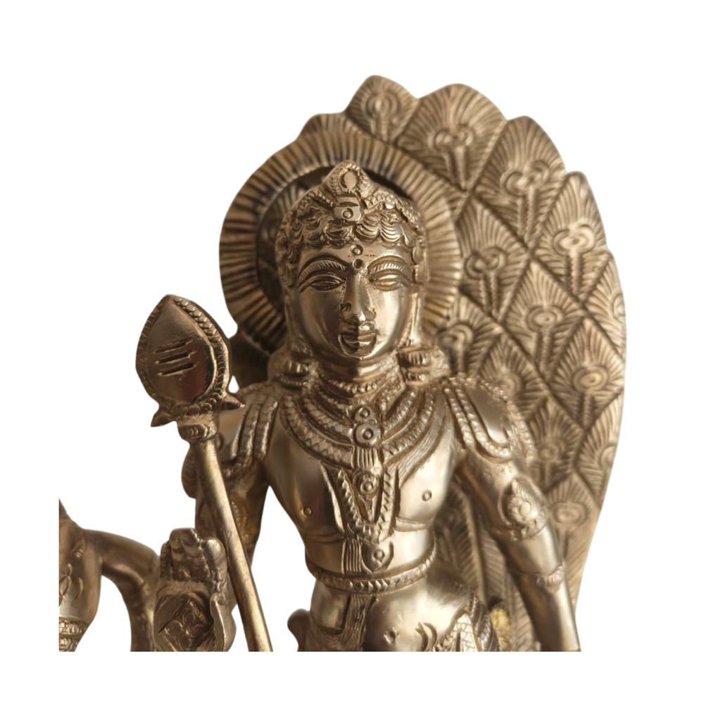 Traditional Lord Kartikeya Statue with Peacock and Vel for Home Temple & Spiritual Decor   Brass Artwork