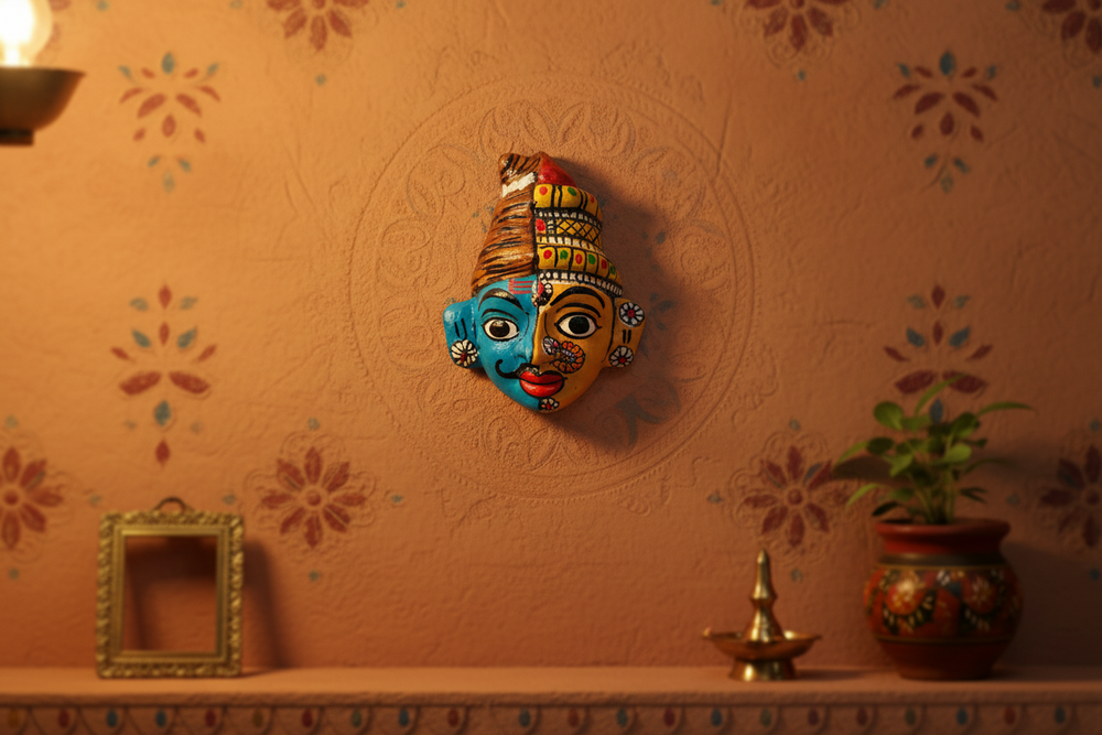 Handcrafted Cheriyal  Ardhanarishvara Mask Wall Hanging   wall decor