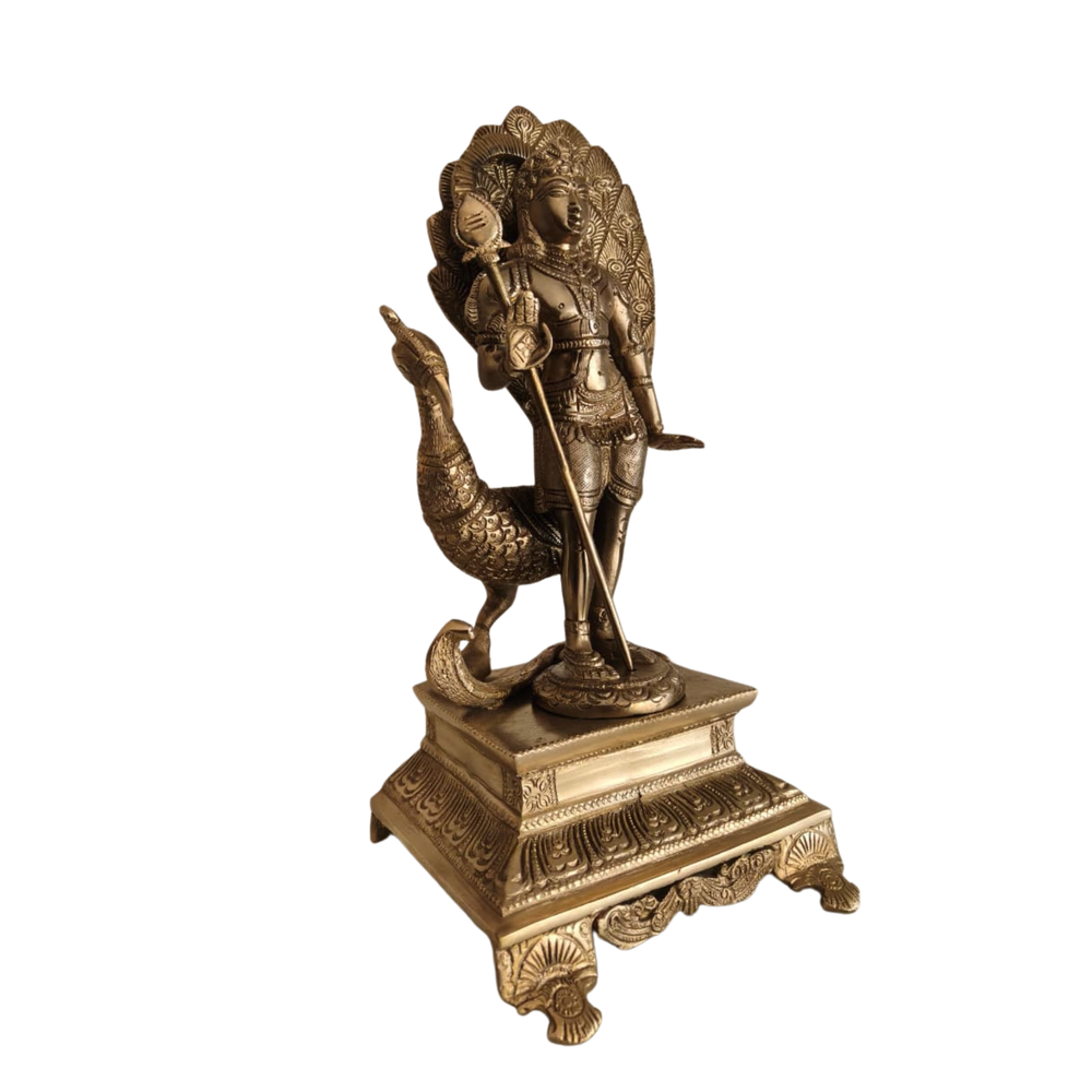 Traditional Lord Kartikeya Statue with Peacock and Vel for Home Temple & Spiritual Decor   Brass Artwork