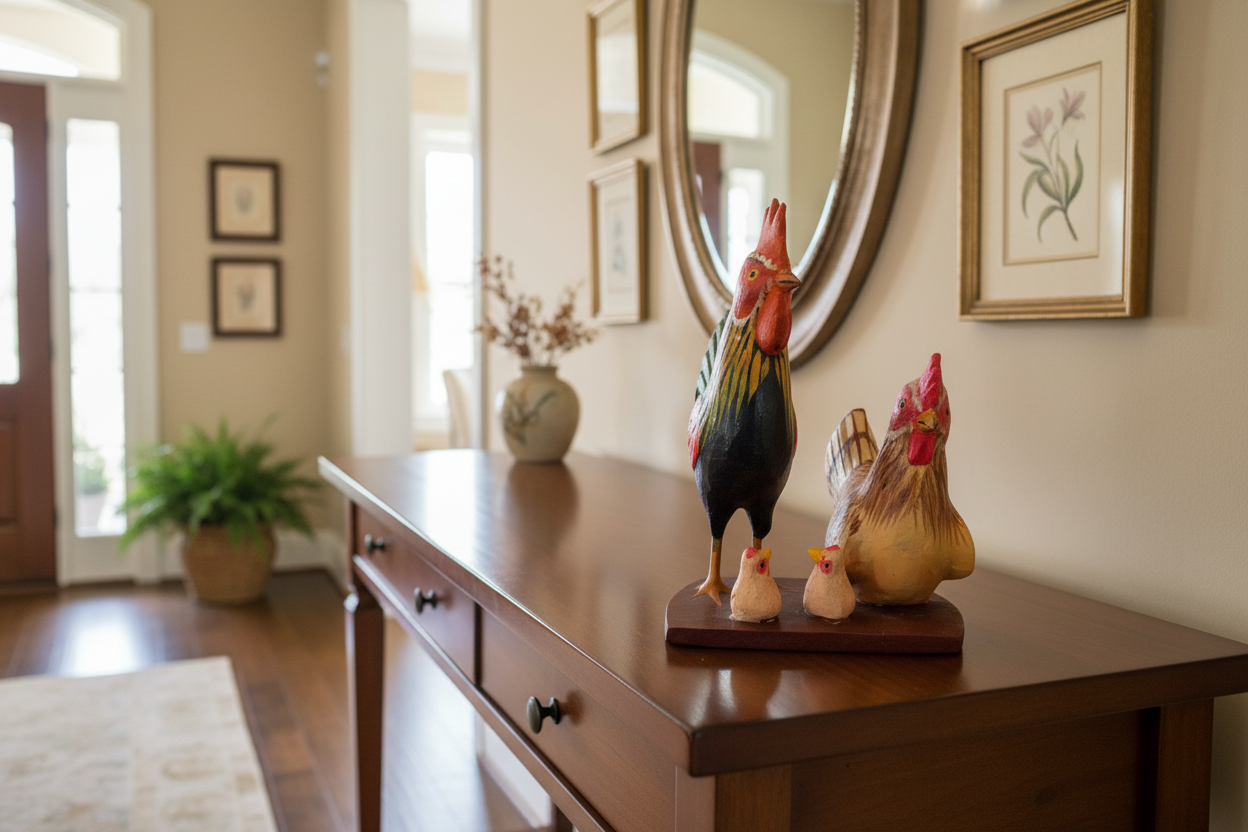 Handcrafted Nirmal rooster family wooden toy with folk art detailing