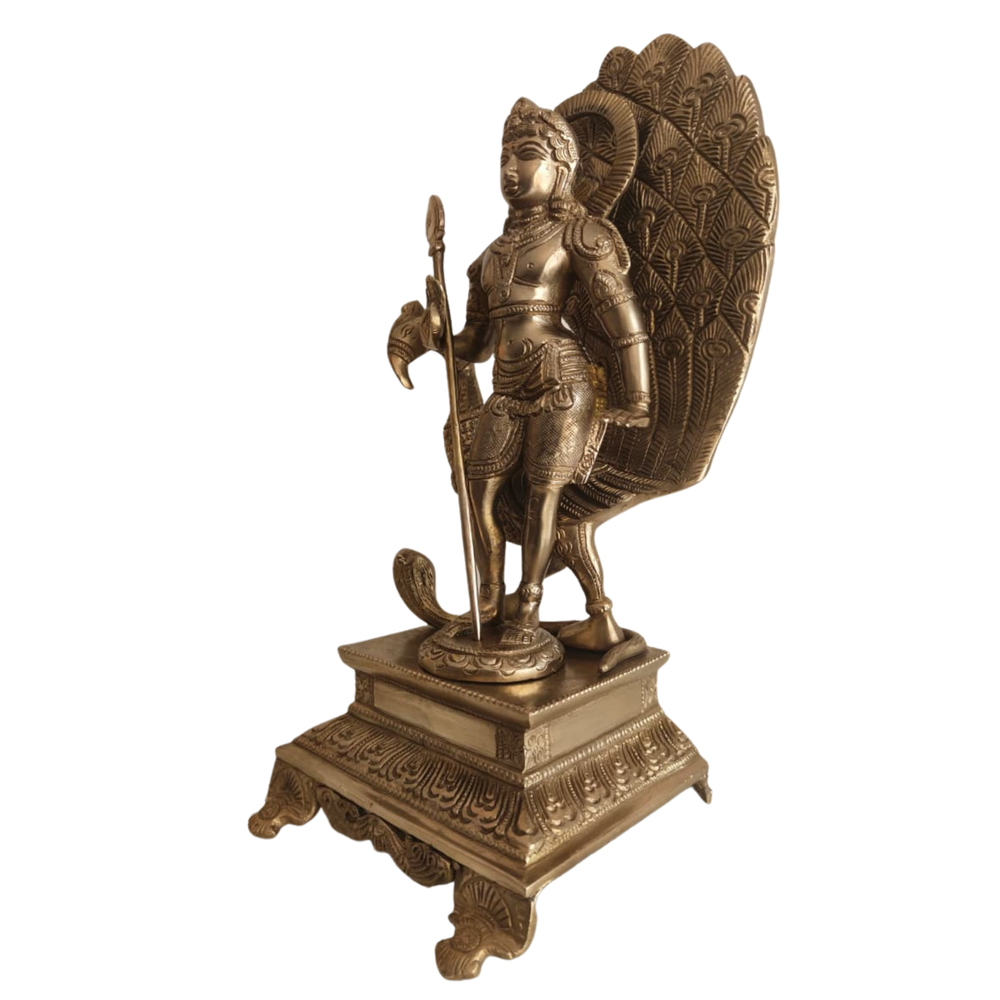 Traditional Lord Kartikeya Statue with Peacock and Vel for Home Temple & Spiritual Decor   Brass Artwork