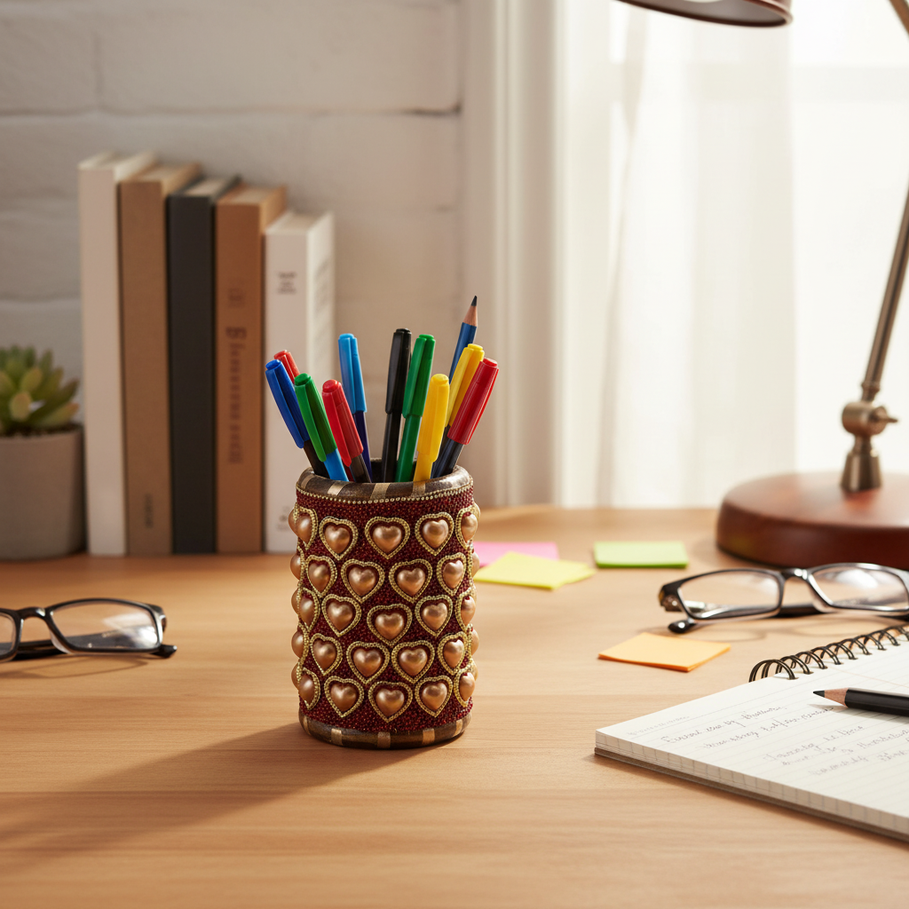 Handmade Wooden Stone Pen Holder – Rustic Office Accessory