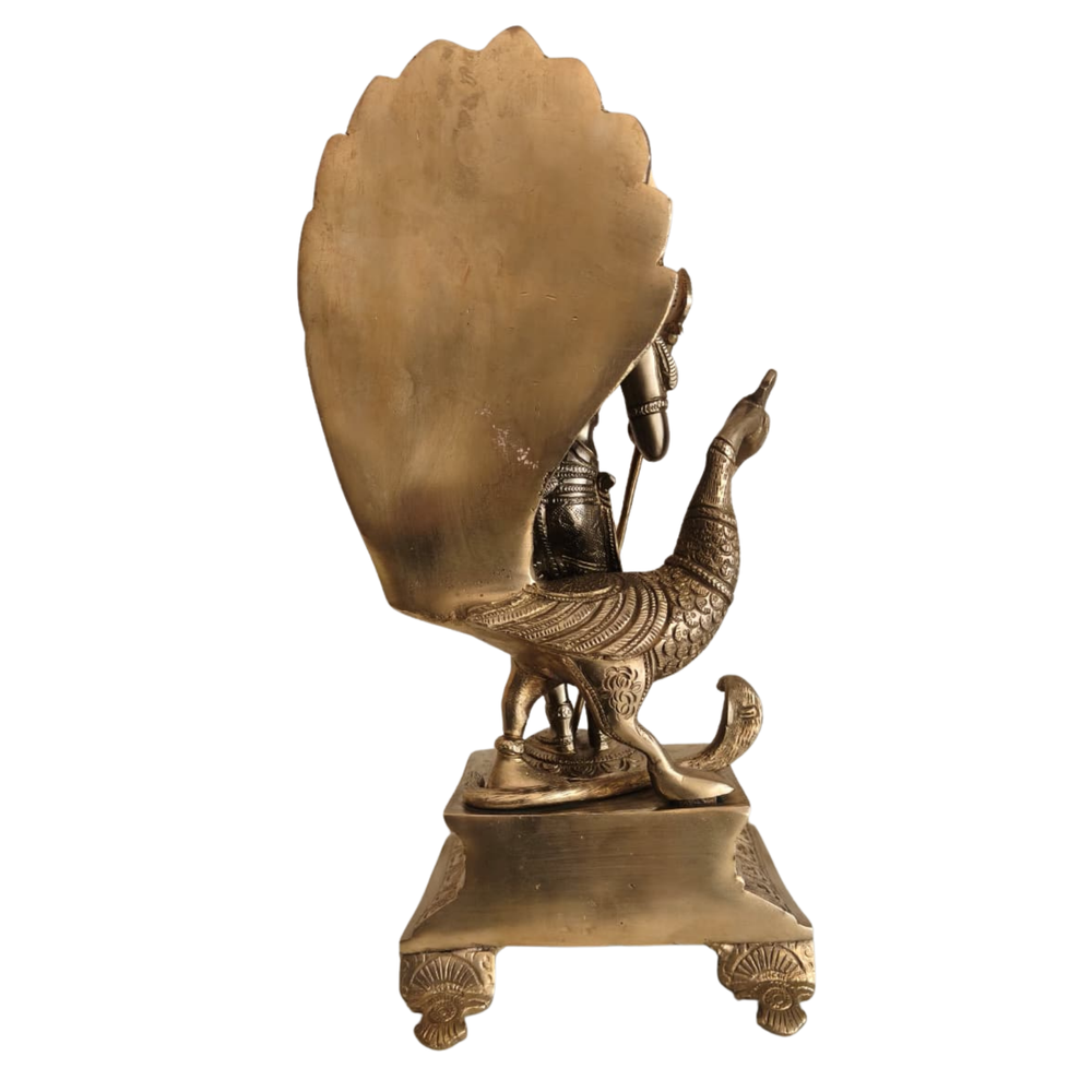 Traditional Lord Kartikeya Statue with Peacock and Vel for Home Temple & Spiritual Decor   Brass Artwork