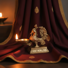 Handcrafted Brass Annapakshi Table Diya | Traditional Peacock Oil Lamp on Pedestal Base   Brass Artwork